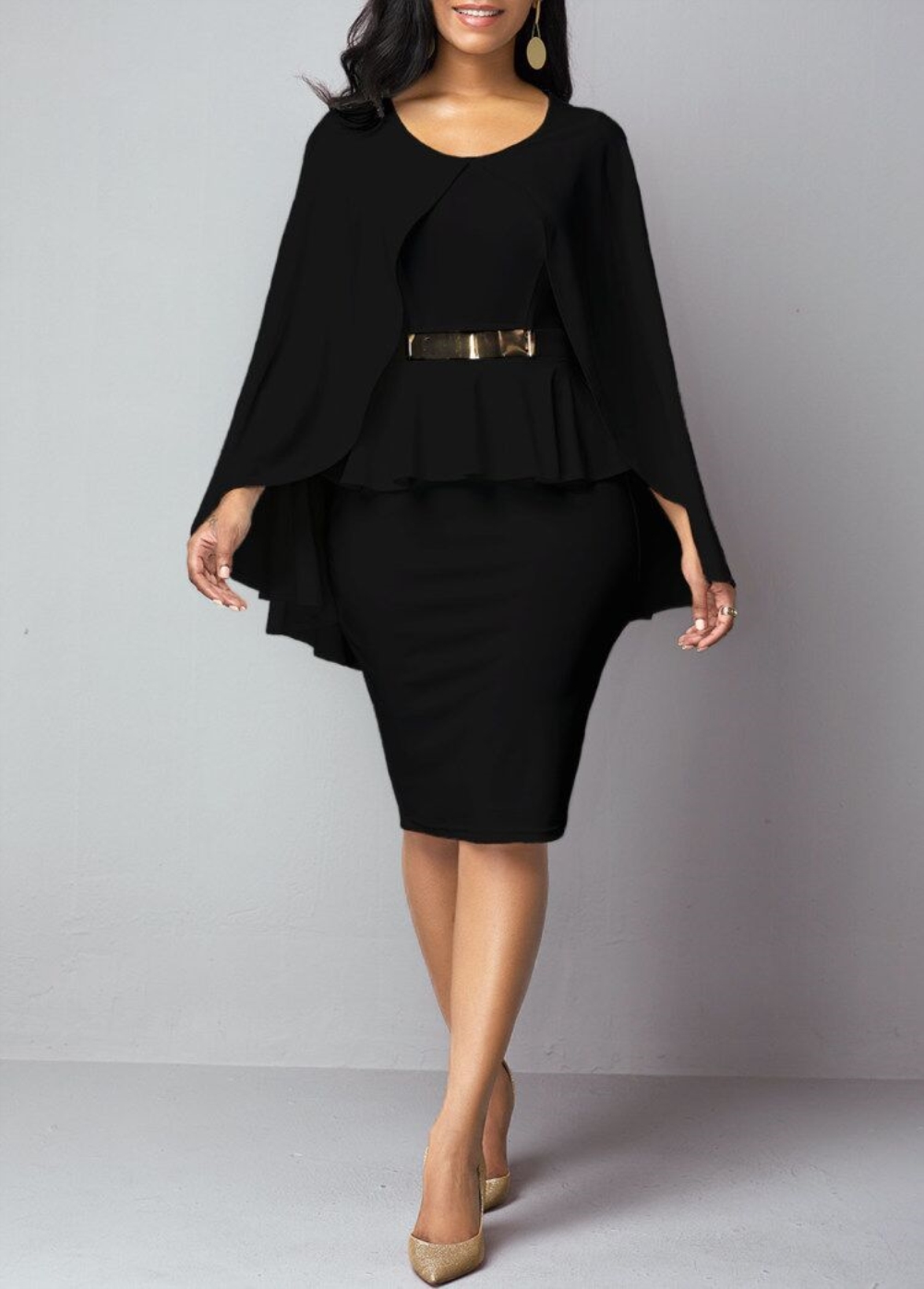 Occassional Knee-Length Peplum Cape Dress