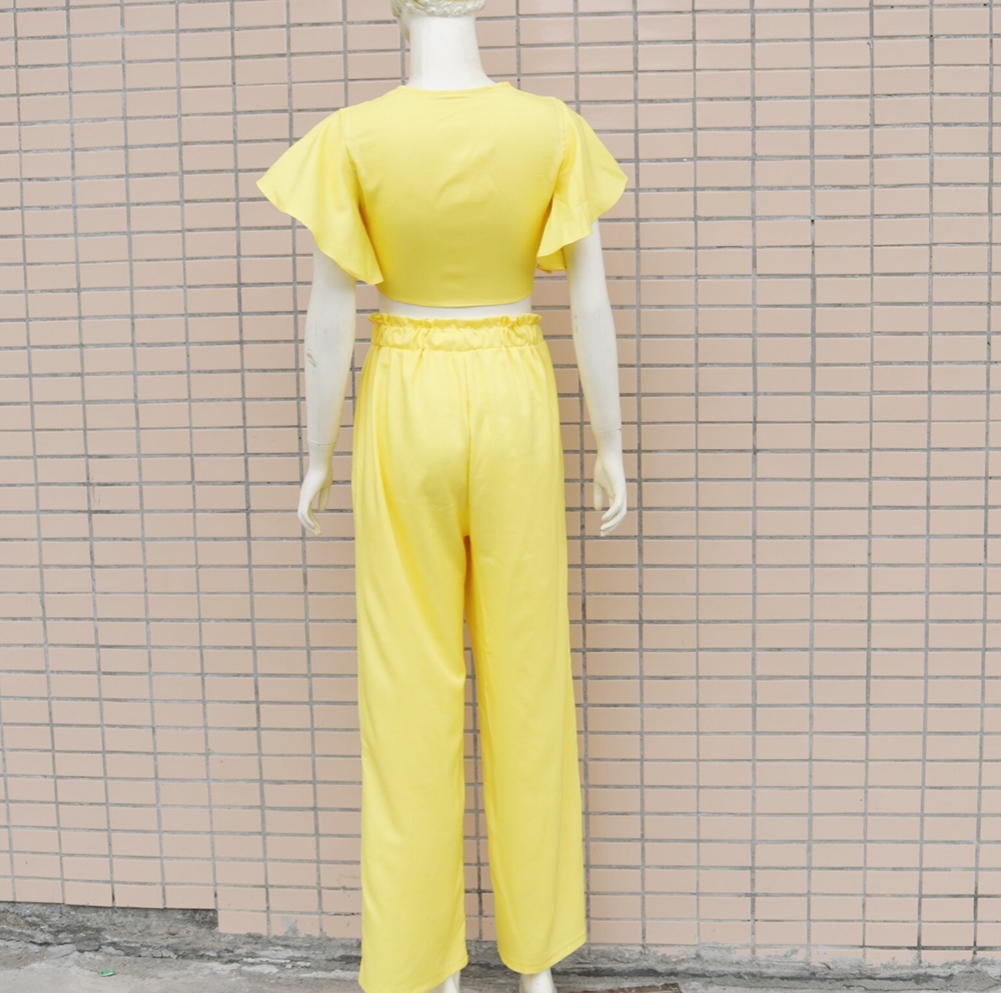 Sexy Plain Knotted Crop Top and Matching Pants Set