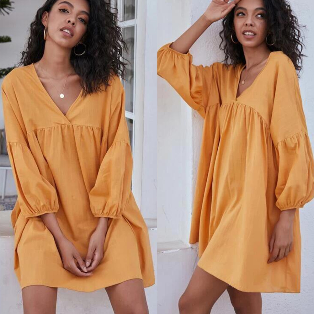Autumn Solid Color V Neck Loose Shirt Dress