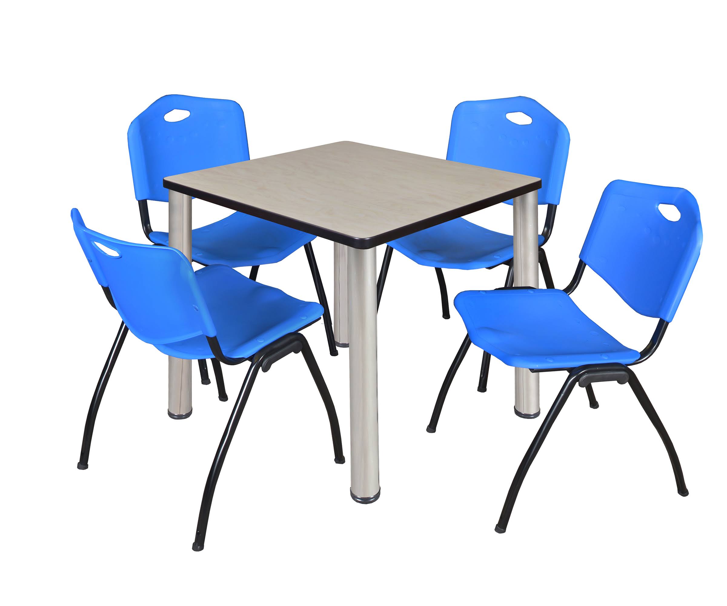 Regency Kee 30x22 Square Breakroom Table- Mahogany/ Chrome 4 &M& Stack Chairs- Blue