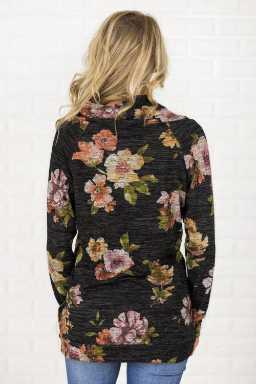 Black Floral Cowl Neck Tunic Top