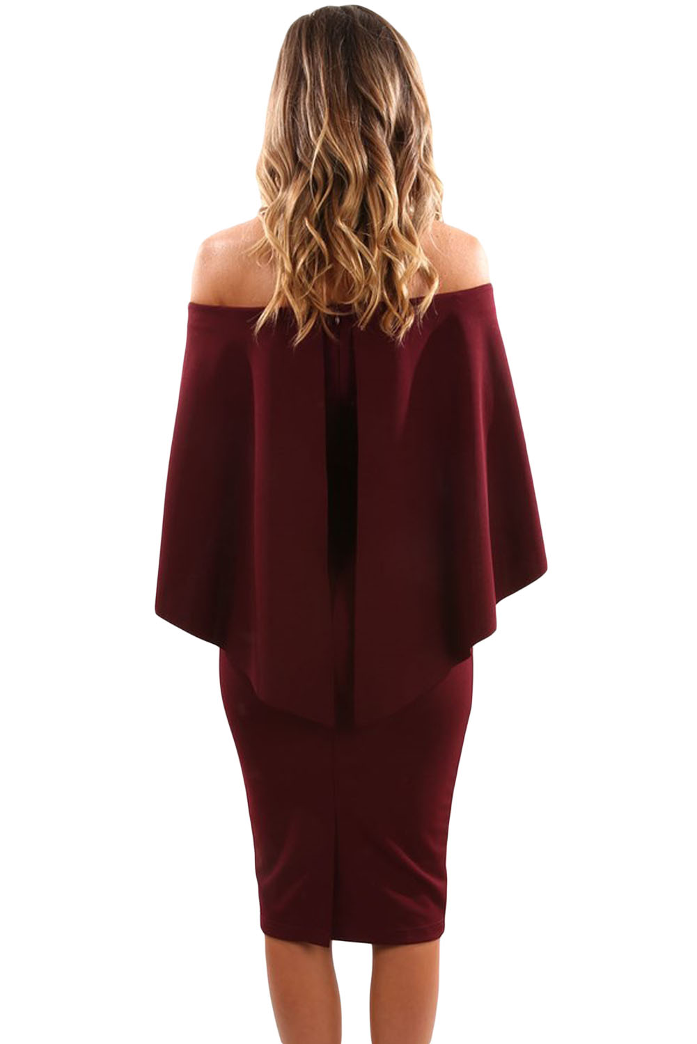 Wine Luxurious Off Shoulder Batwing Cape Midi Dress