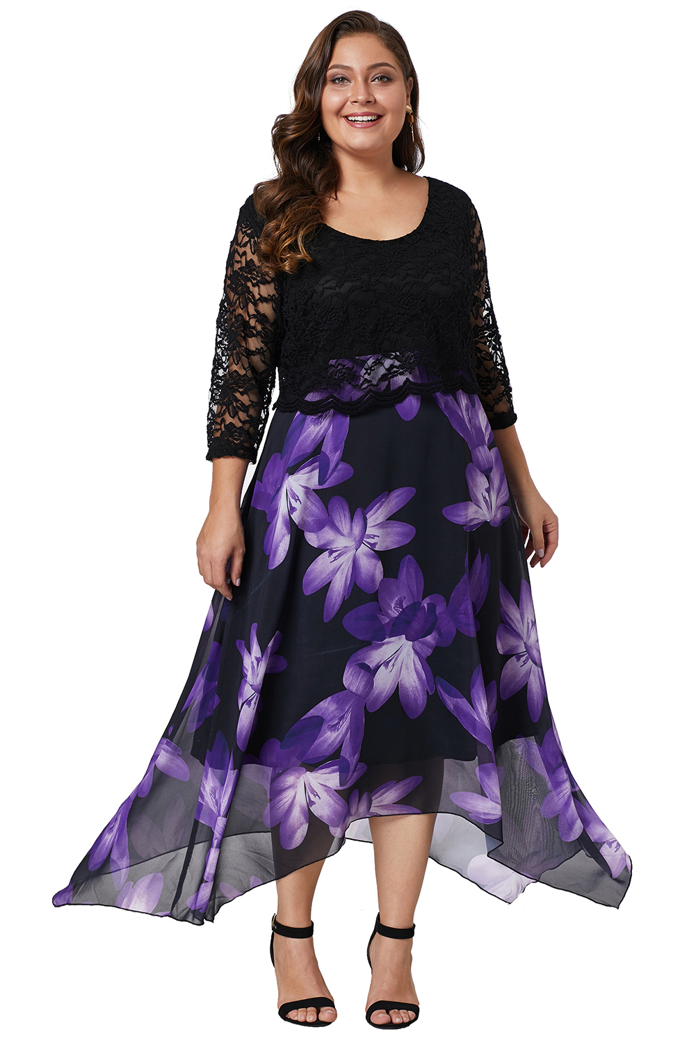 Black Plus Size Floral Dress With Lace Overlay