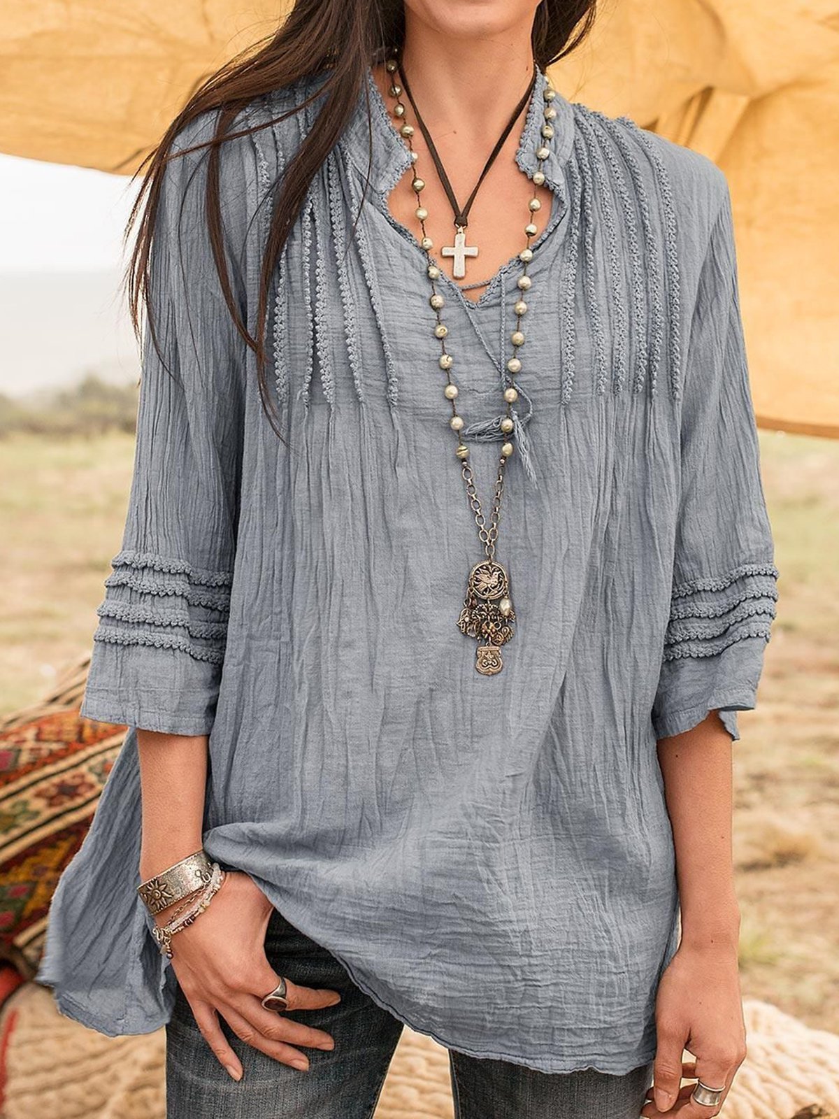 Boho Linen 3/4 Sleeve Guipure Lace Shirts & Tops