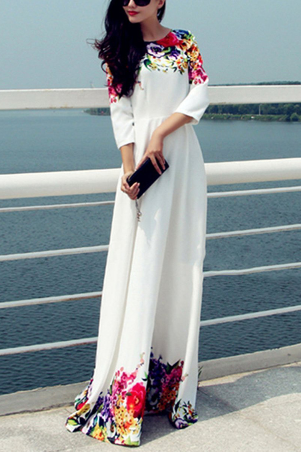 Printed Floor Length White Evening Dress