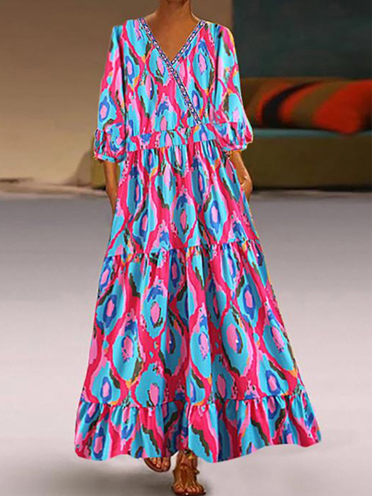 V Neck Printed Half Sleeve Holiday Dresses