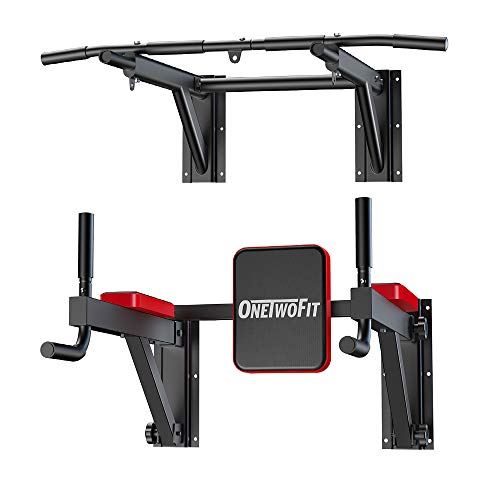 ONETWOFIT Multifunctional Wall Mounted Pull Up Bar Power Tower Set Chin Up Station Home Gym- Black & Red