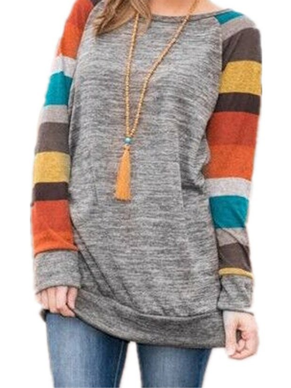 Round Neck Casual Striped Cotton Blouse & Shirts