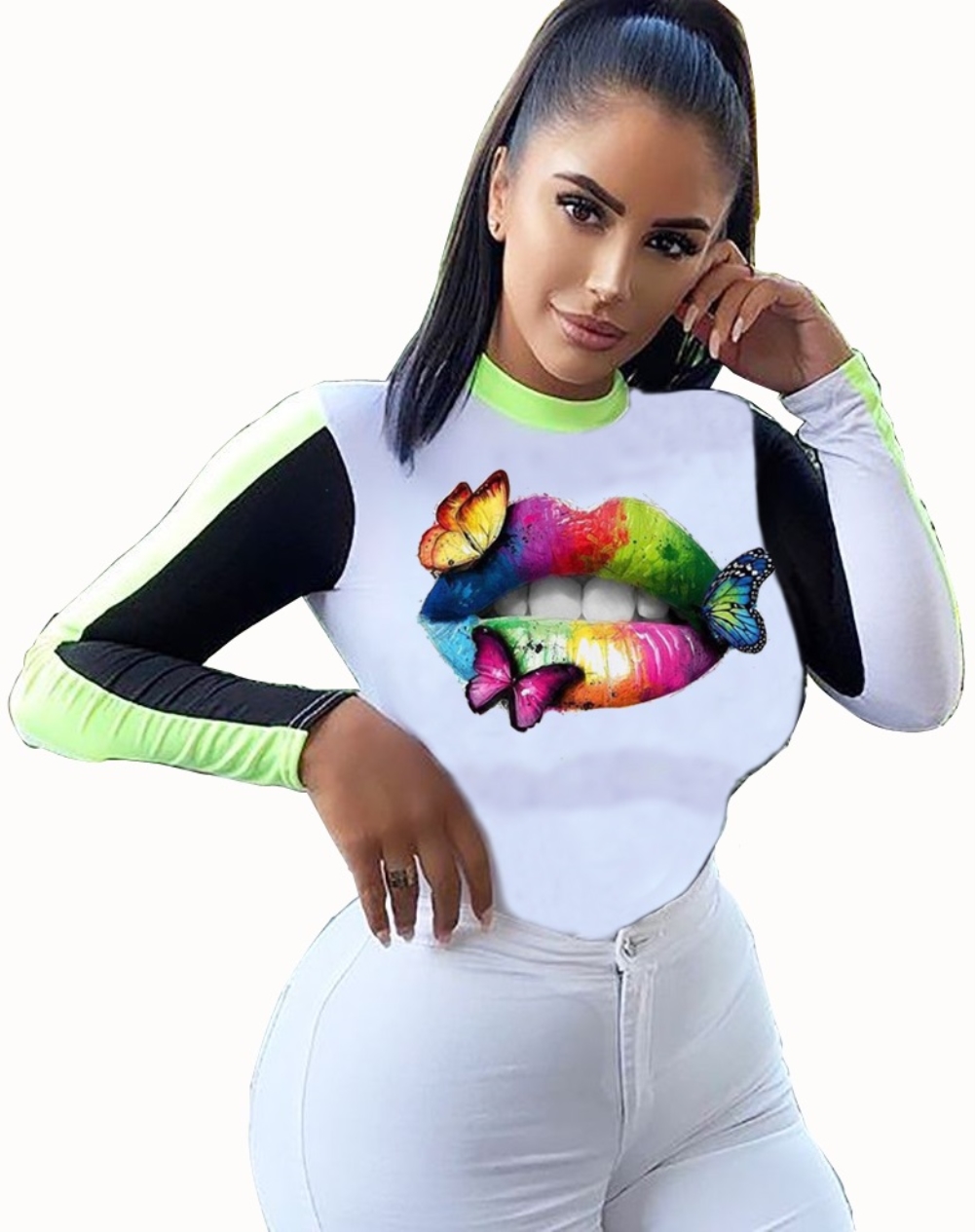 Autumn Lips Print Long Sleeve Basic Shirt