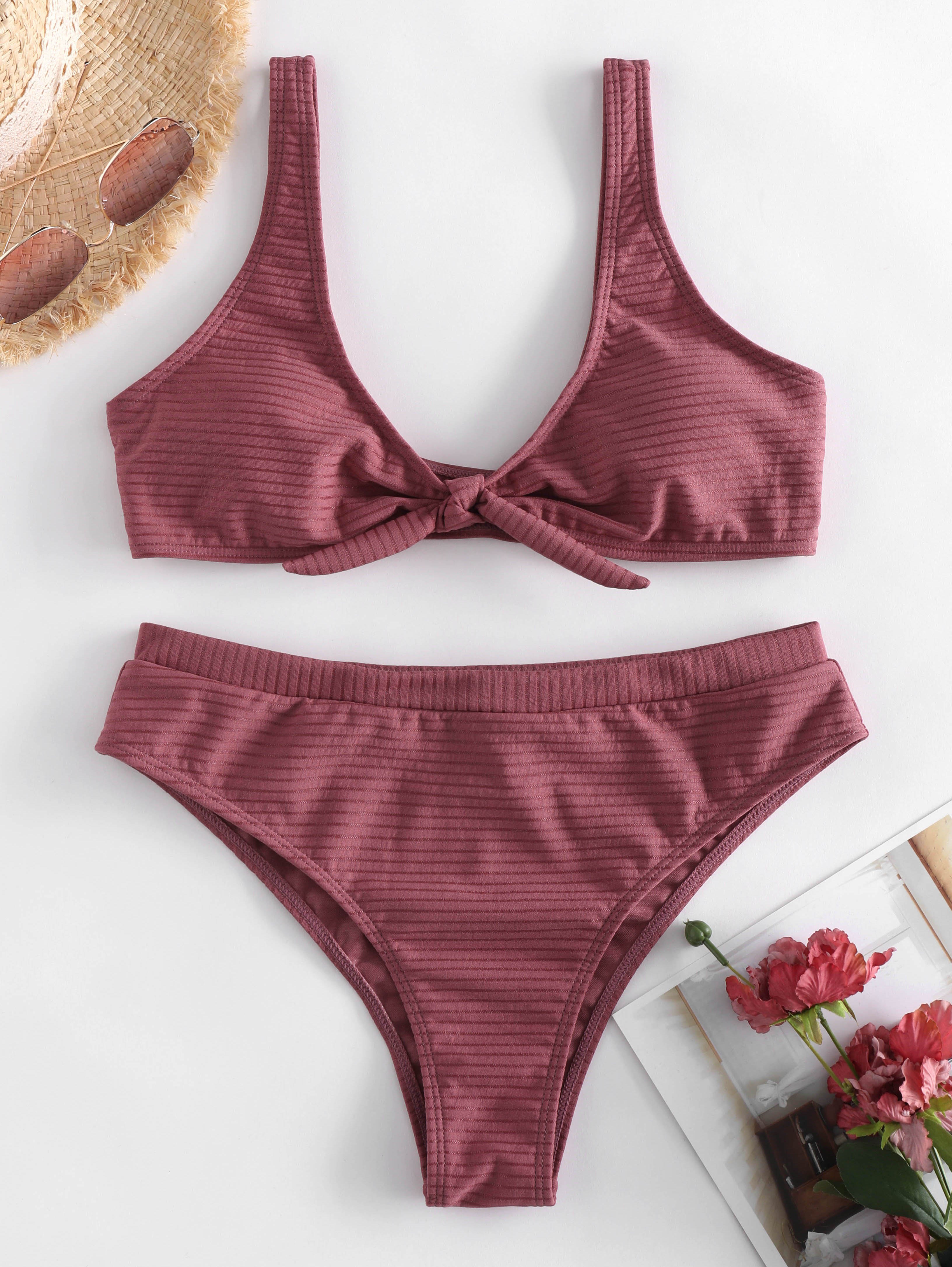 Stripe Pattern Knot Front Bikini Set