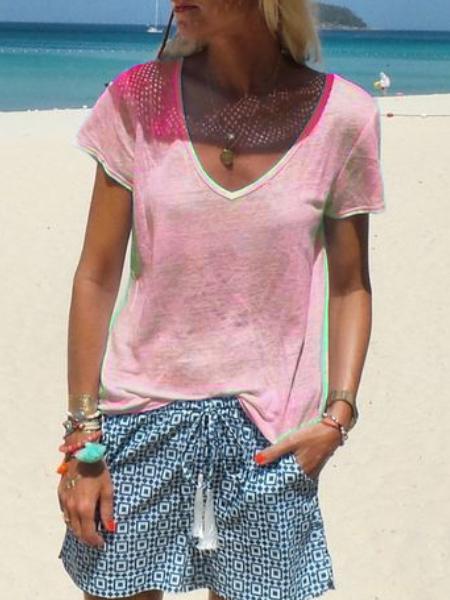 Deep V-Neck Short Sleeve Shirts & Tops