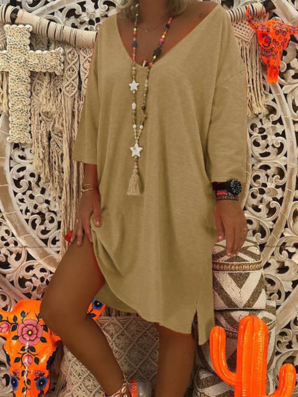 V-Neck Shift Women Daily Cotton Casual Fall Dress