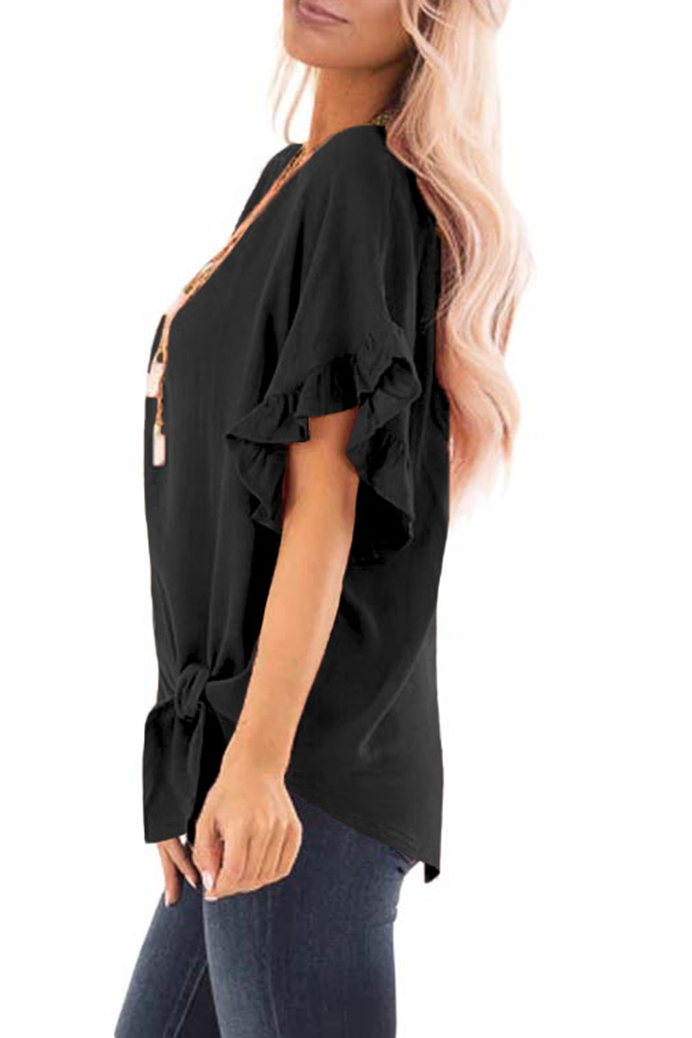 Black Ruffled Sleeve Blouse with Front Knot Detail