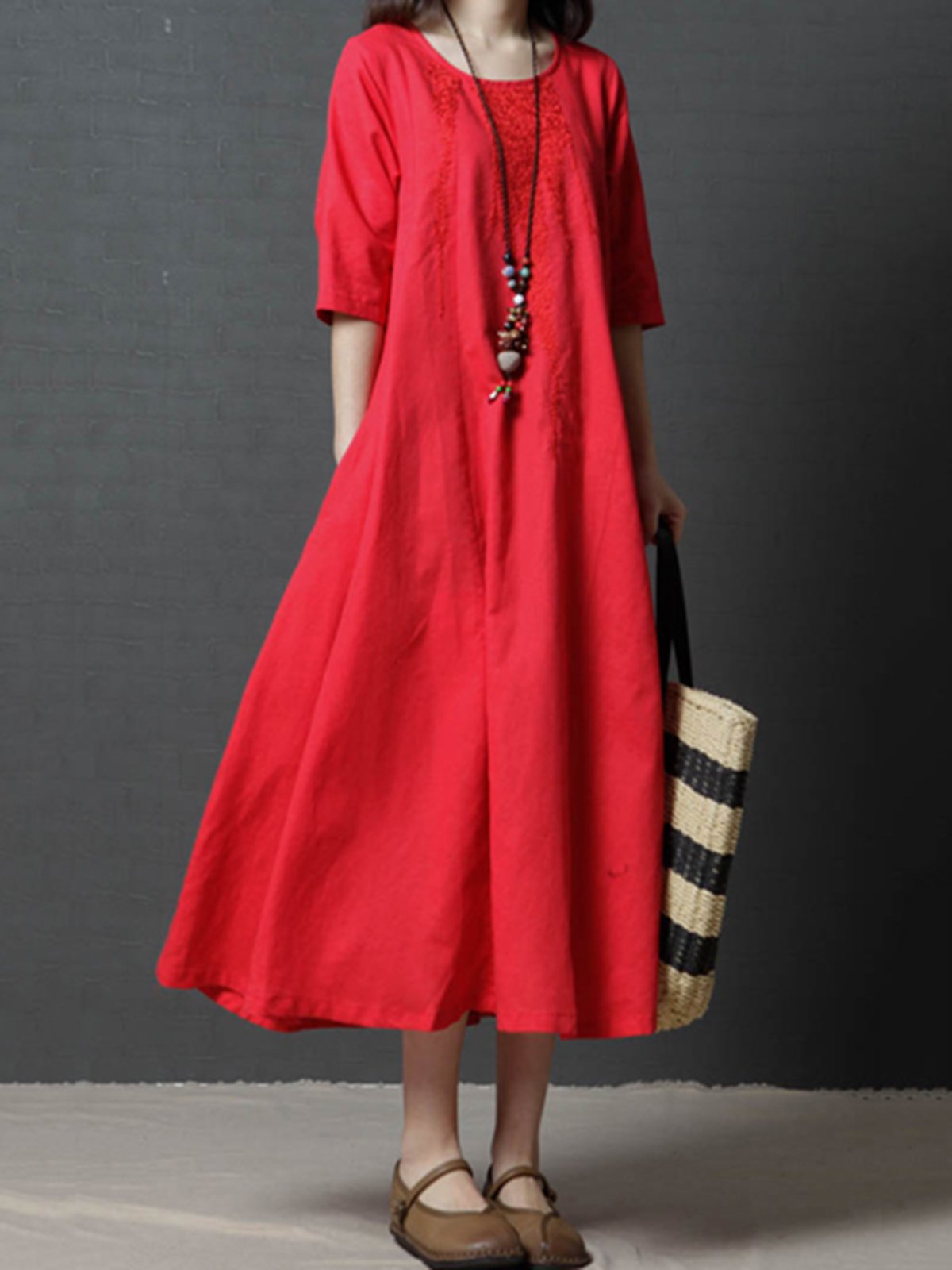 Solid Casual Short Sleeve Pockets Embroidered Dress