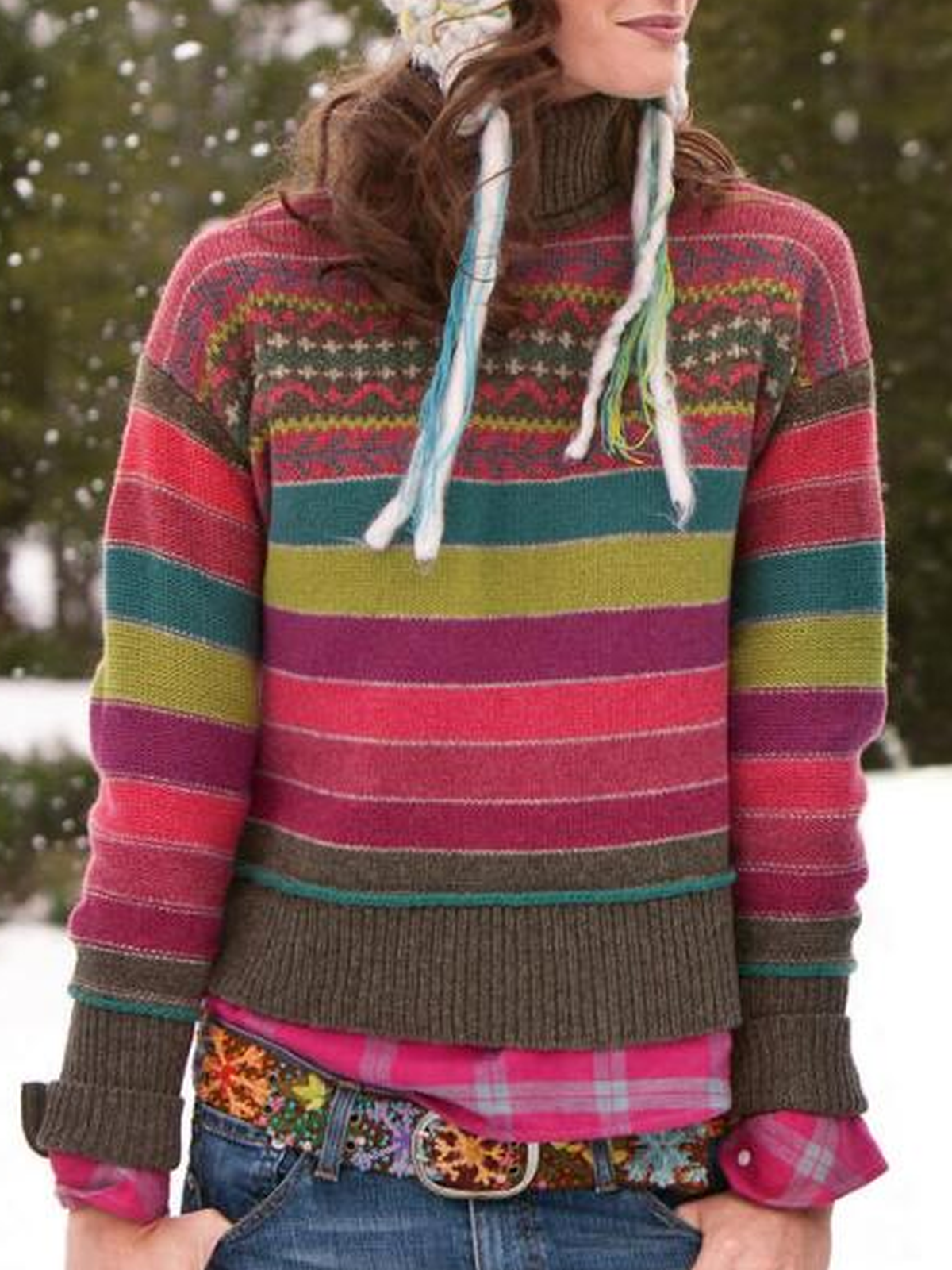 Color-Block Striped Casual Turtleneck Women's Sweaters