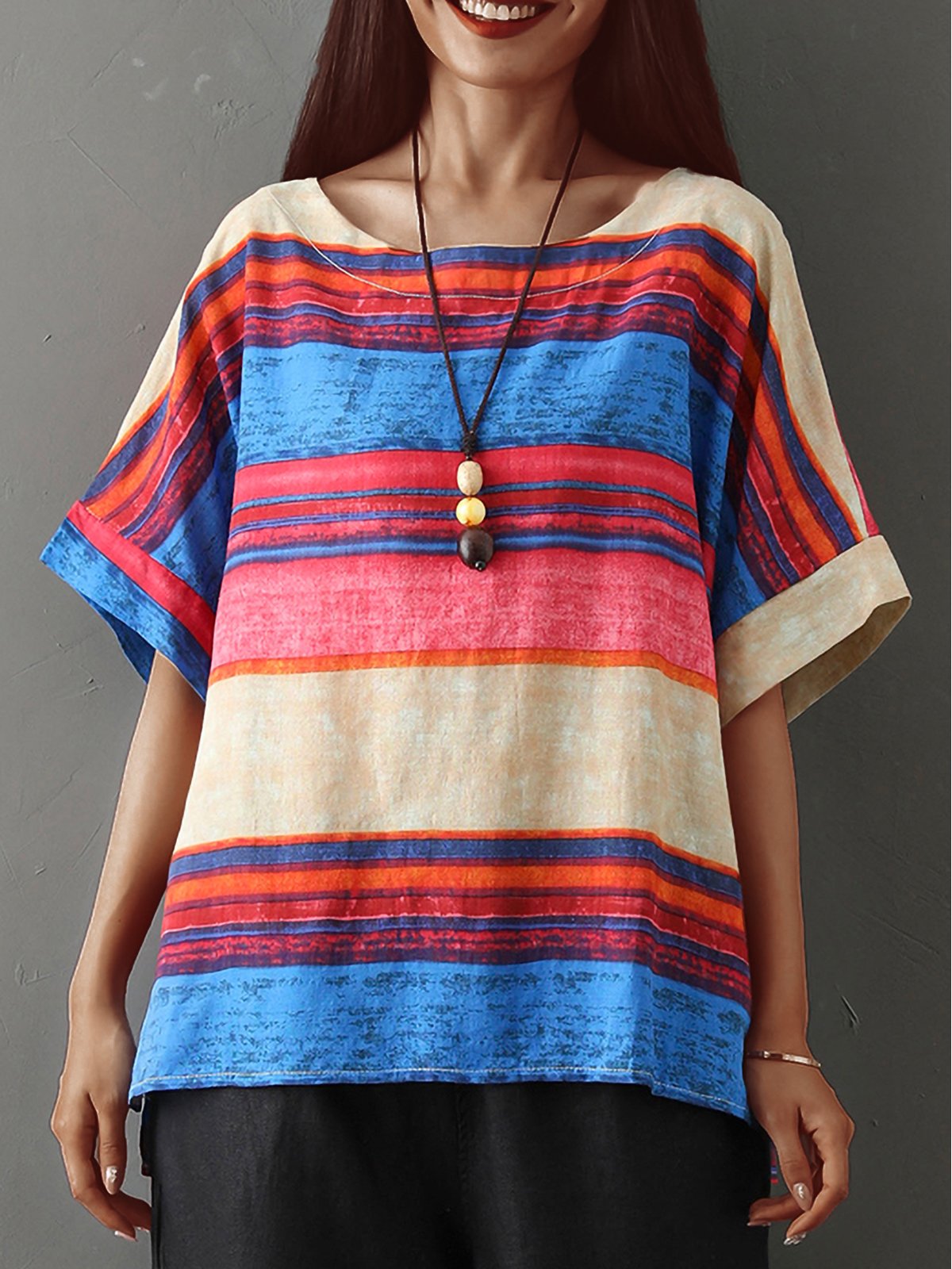 Plus Size Women Short Sleeve Round Neck Vintage Striped Floral Casual Tops