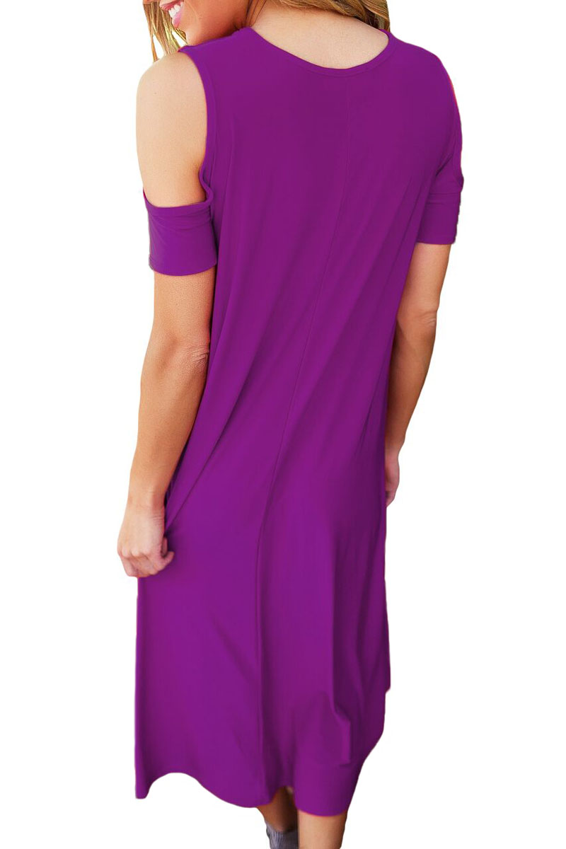 Purple Cold Shoulder Short Sleeve High Low Dress