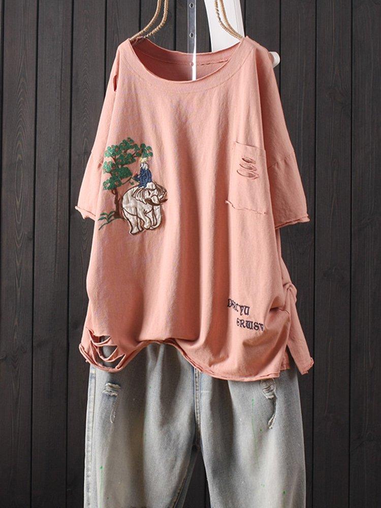 Round Neck Casual Cotton-Blend Shirts & Tops