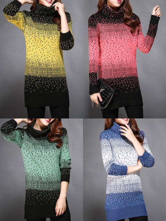 Knitted Long Sleeve Color-block Plus Size Sweater