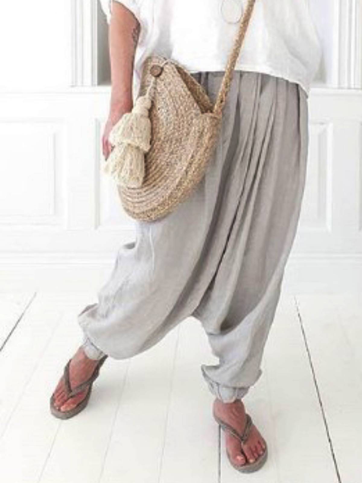 Light Gray Cotton-Blend Casual Plain Pants