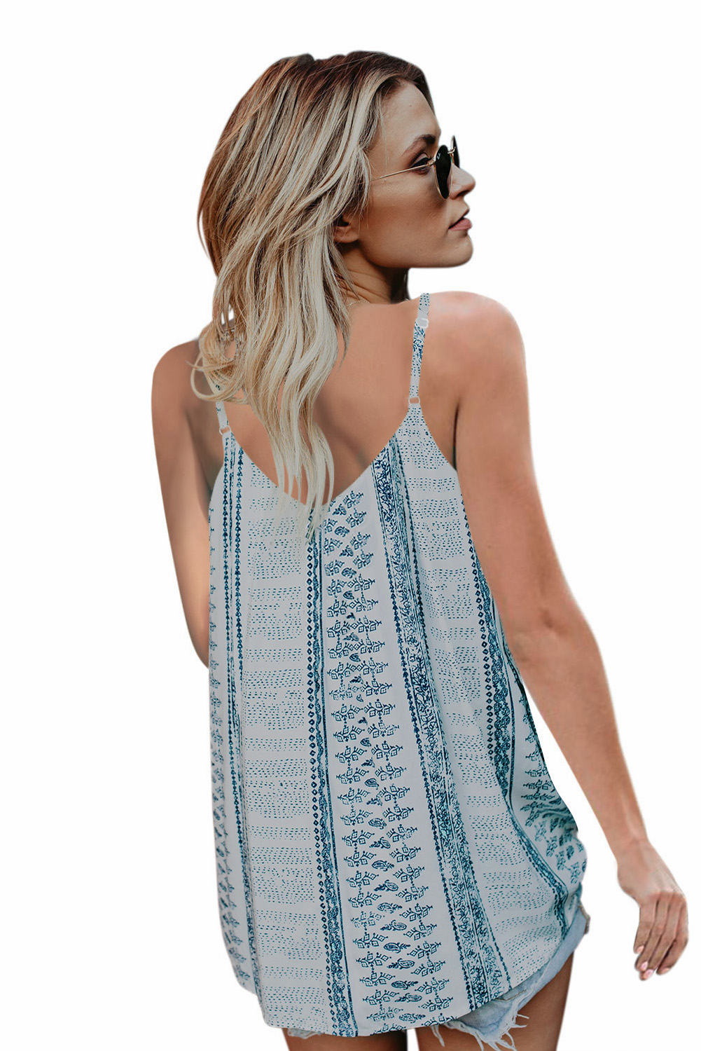 White Spaghetti Straps V Neck Print Tank Top