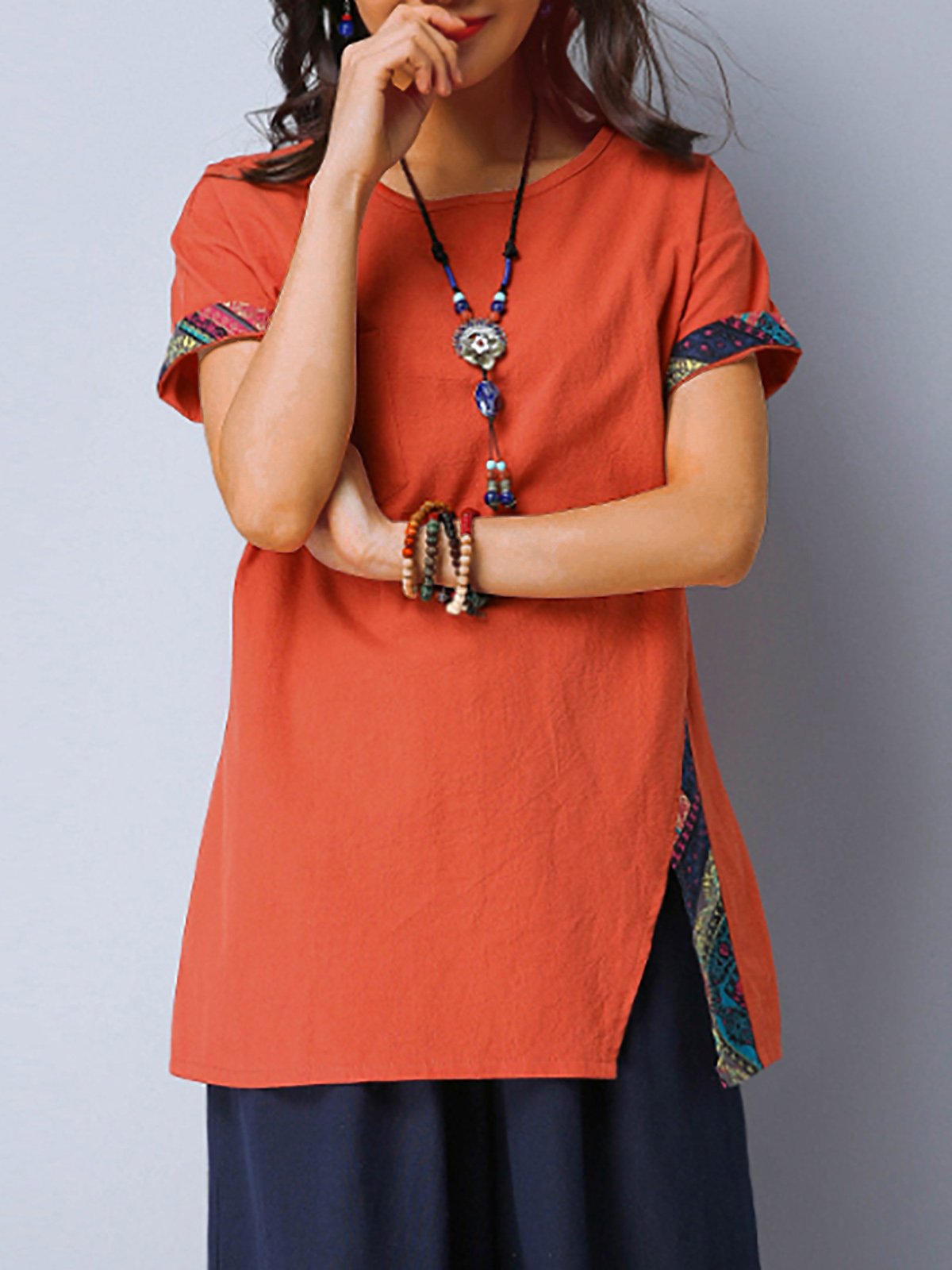 Plus Size Cotton And Linen Women  Short  Sleeve Solid  Casual Top