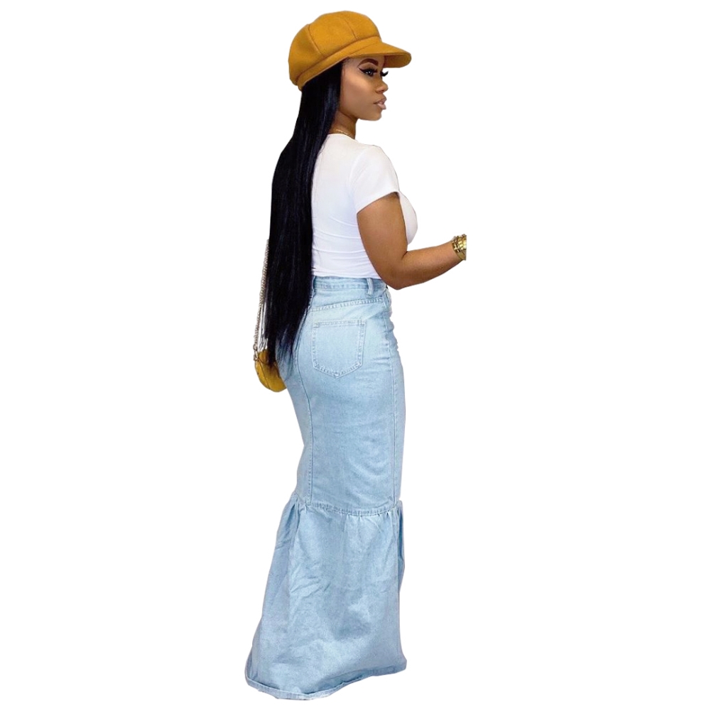 Light Blue High Waist Long Denim Skirt