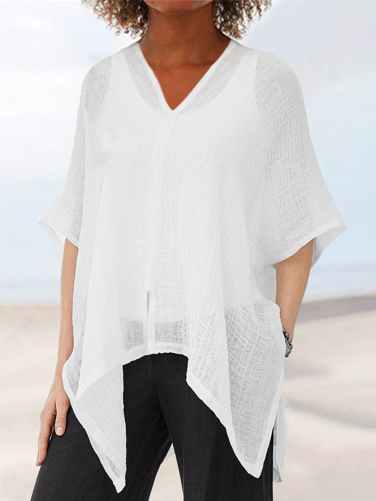 3/4 Sleeve Cotton-Blend Holiday V Neck Shirts & Tops