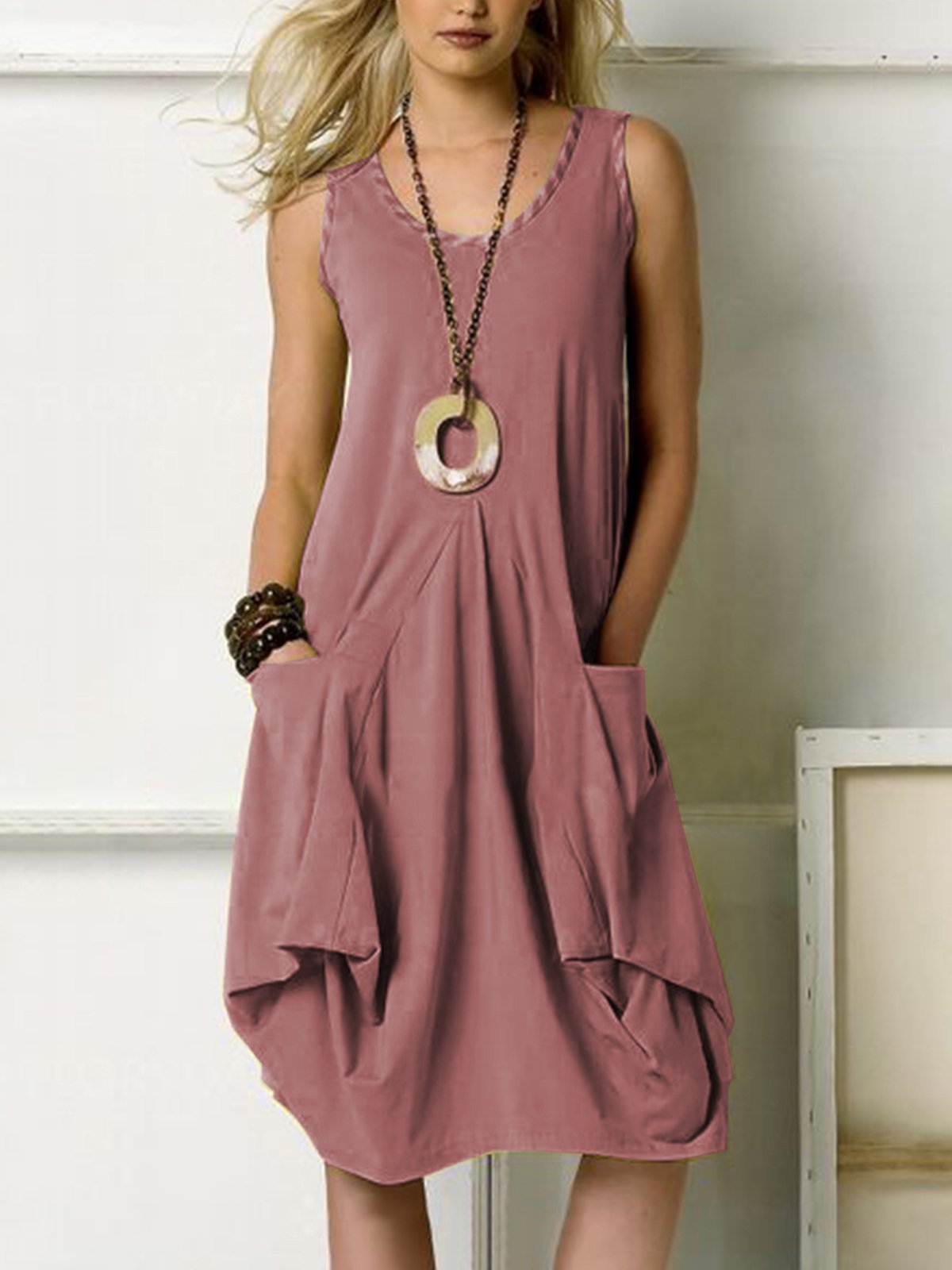 Sleeveless Round Neck Loose Casual Pocket Dresses