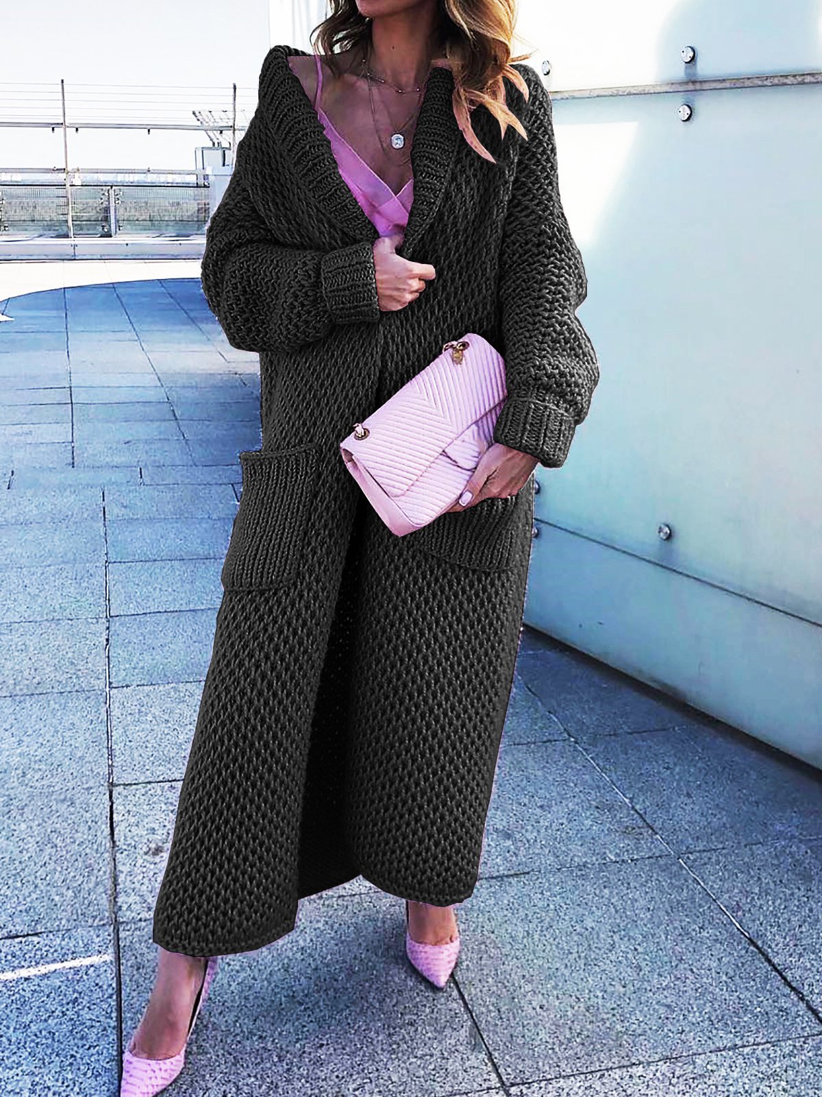 Shawl Collar Dual Pockets Long Women's Cardigans