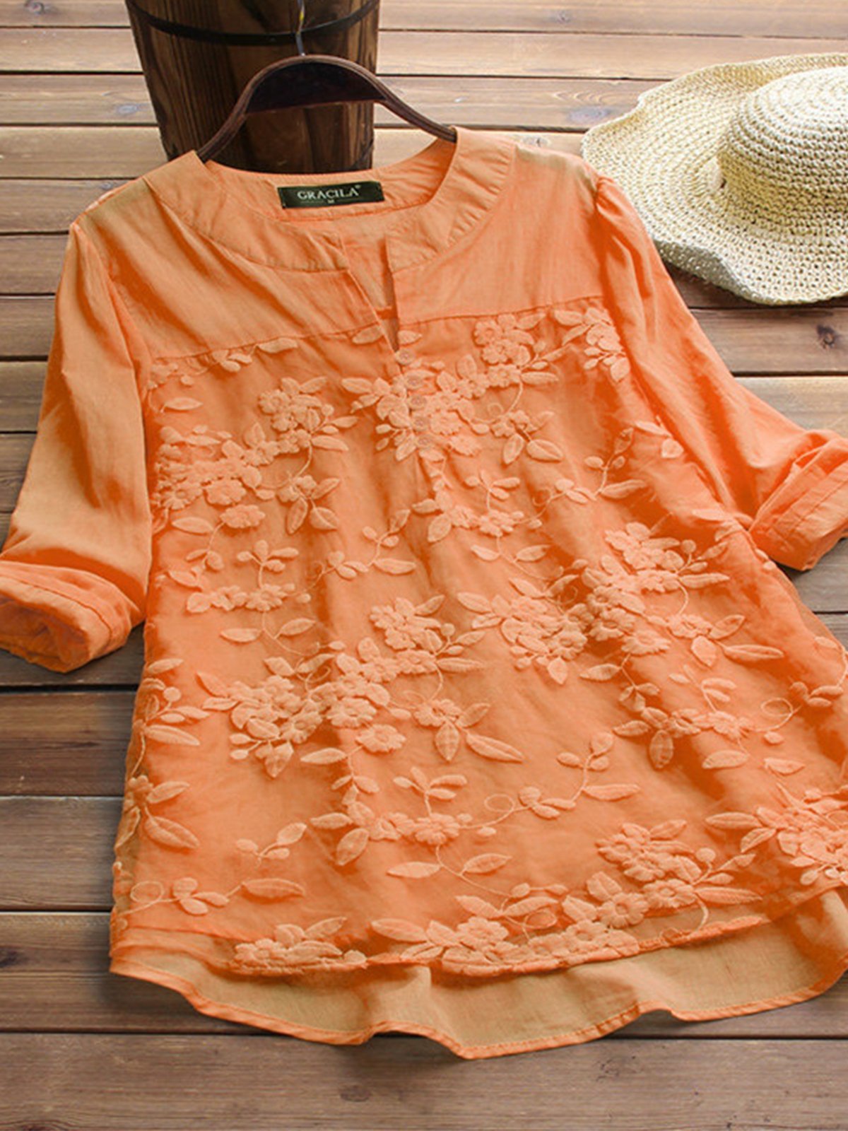 Long Sleeve V Neck Casual Embroidery Shirts & Tops