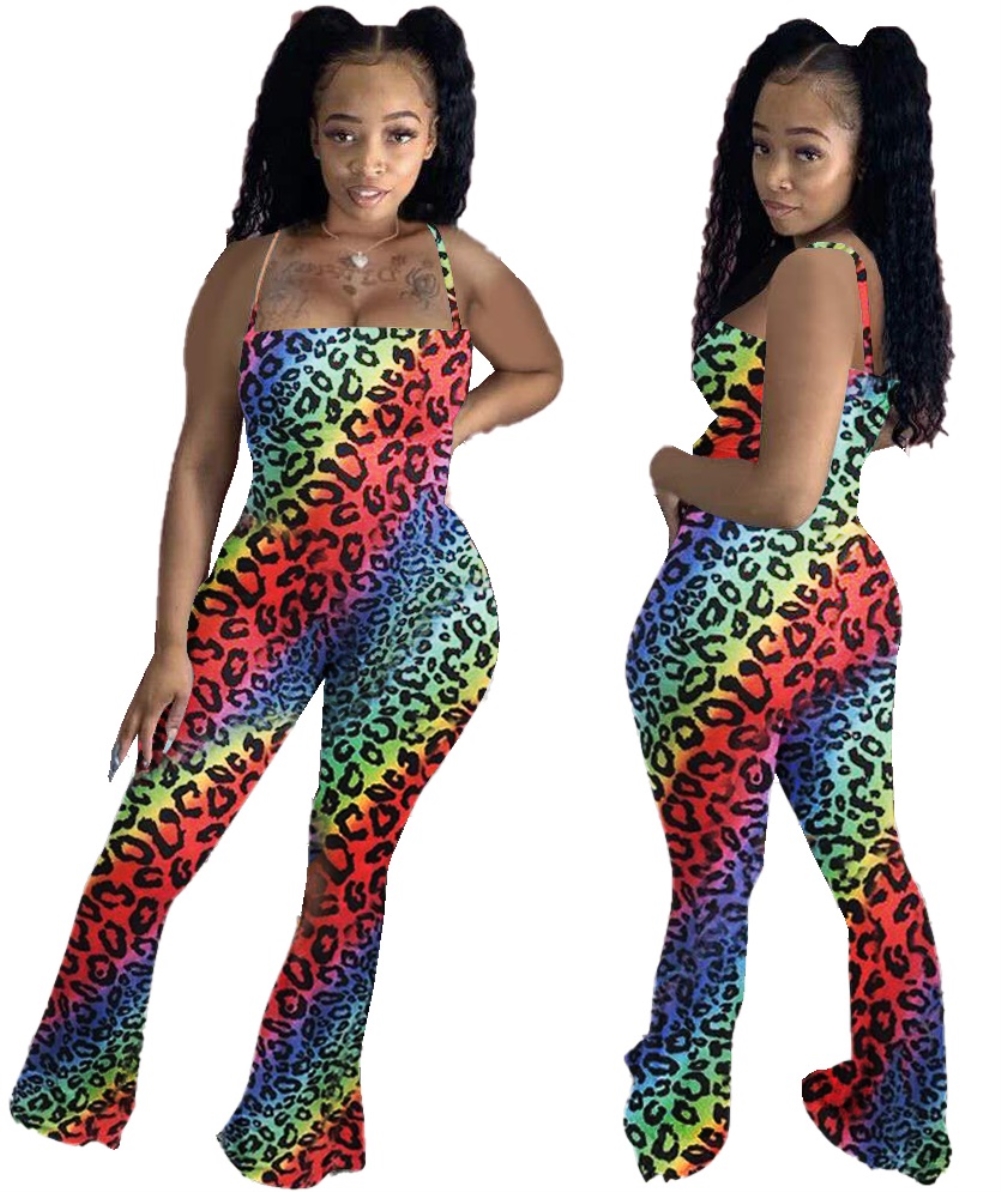 Bell Botton Sexy Leopard Halter Club Jumpsuit