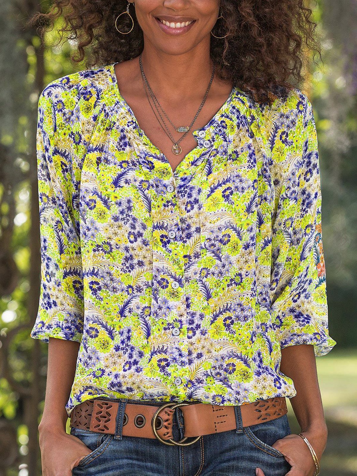 Yellow Long Sleeve Chiffon V Neck Shirts & Tops