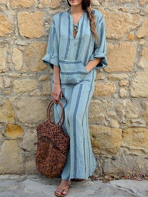 Plus Size V-Neck Dress Shift Daily Linen Pockets Maxi Dress