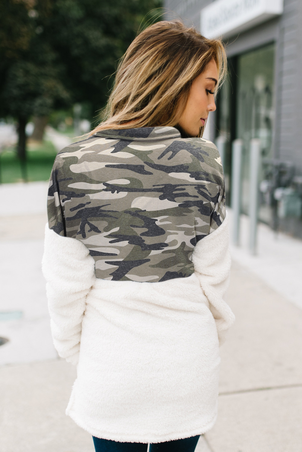 Green Fuzzy Pullover with Camo Detail