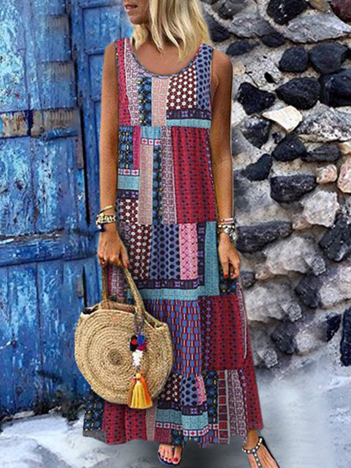 Crew Neck Women Dresses Shift Daytime Printed Patchwork Maxi Dresses