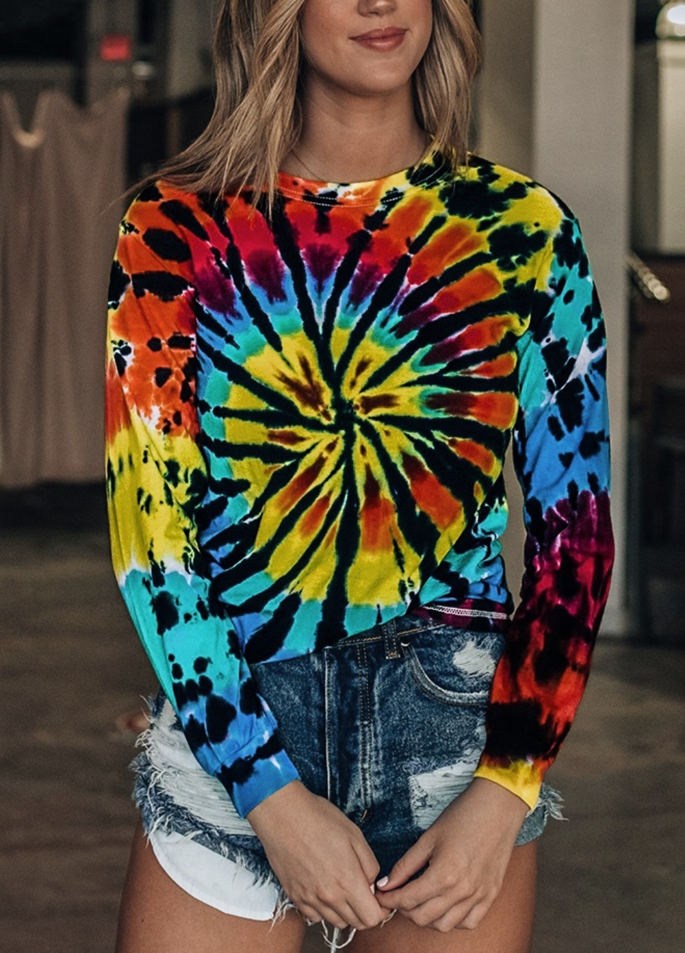 Fall Tie Dye O Neck Shirt with Full Sleeves