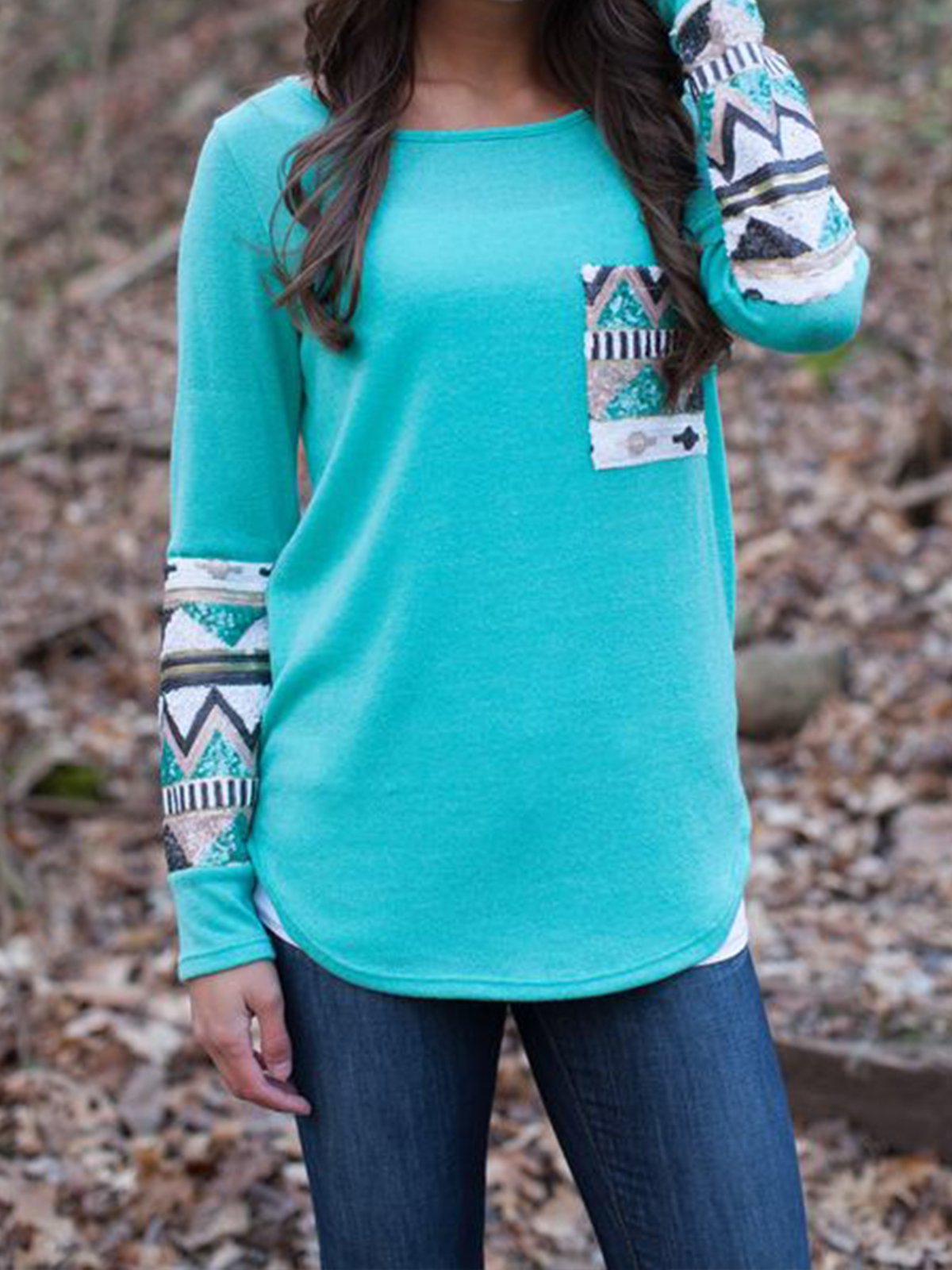 Boho Geometry Long Sleeve Crew Neck Shirts & Tops