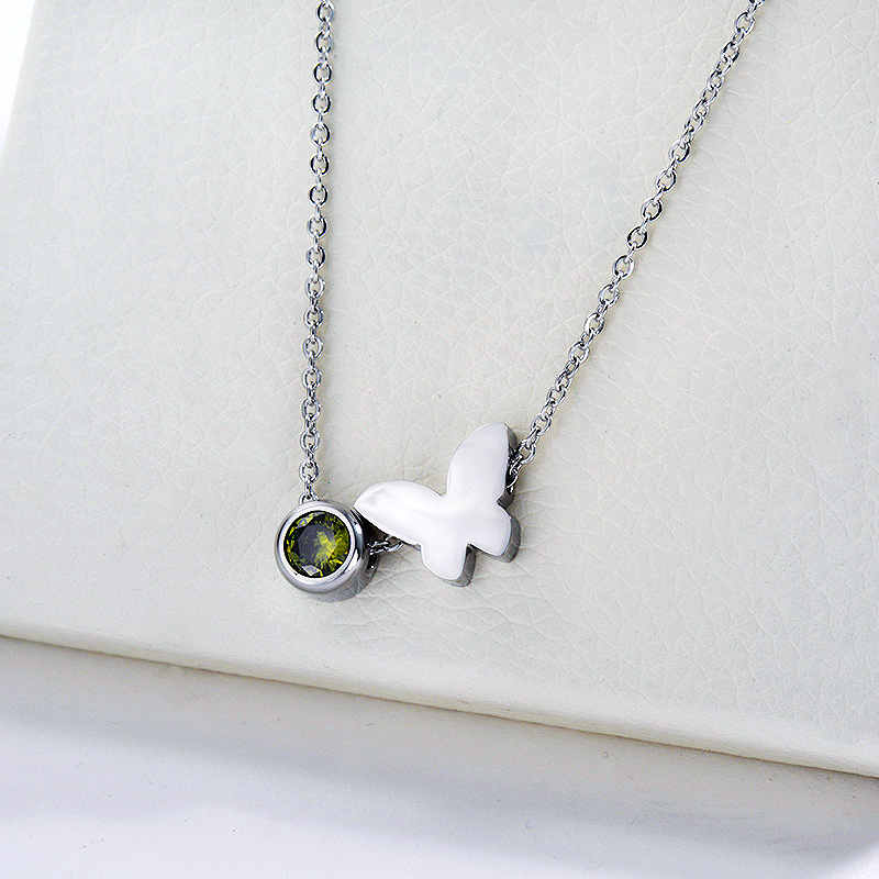 Silver Stainless Steel Butterfly Animals Charm With Zirconia Necklace For Women