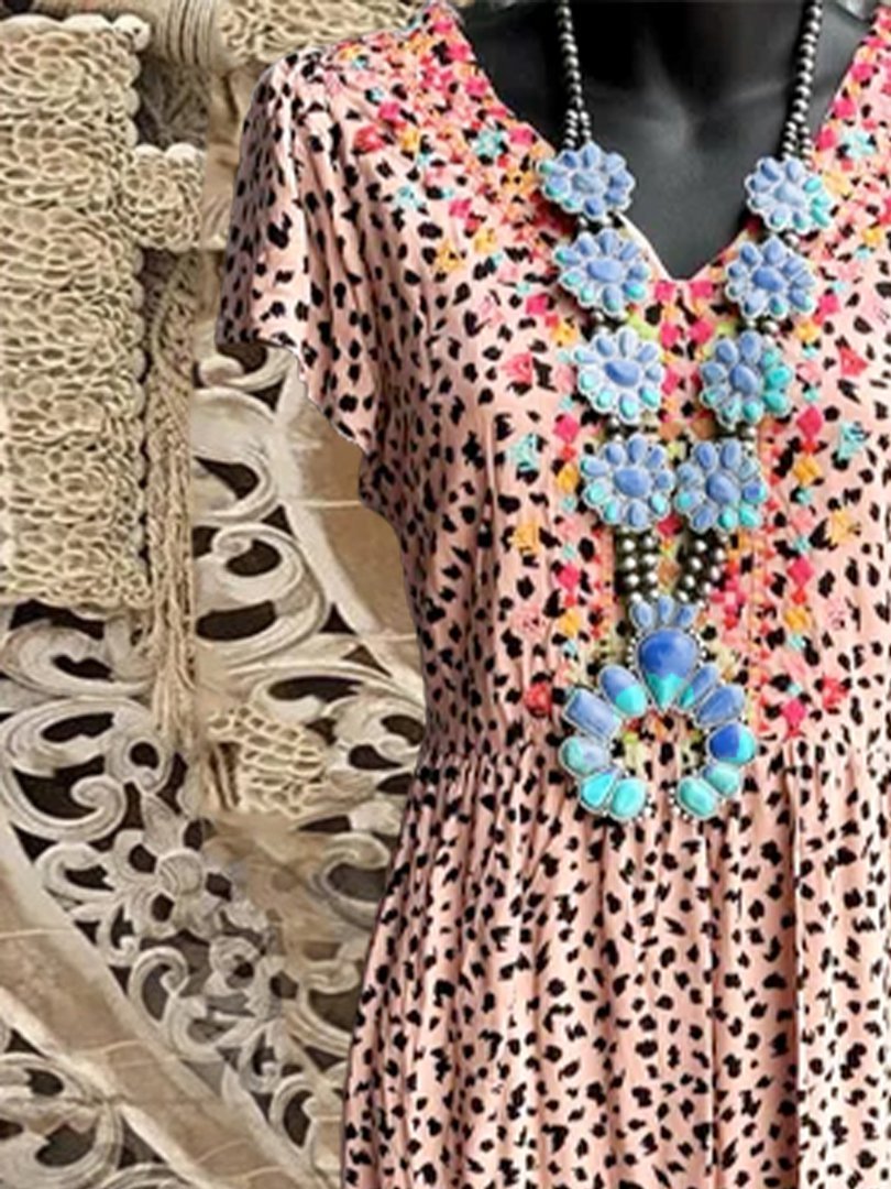 Casual Leopard V Neck Short Sleeve Dresses