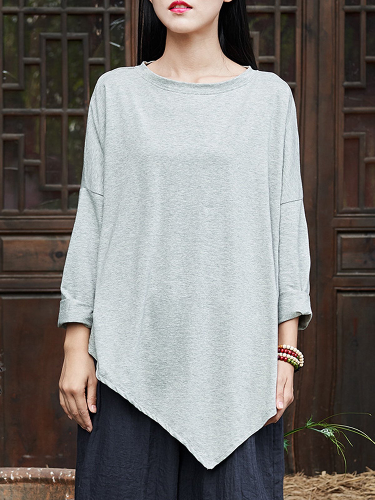 Cotton Casual Crew Neck Blouses