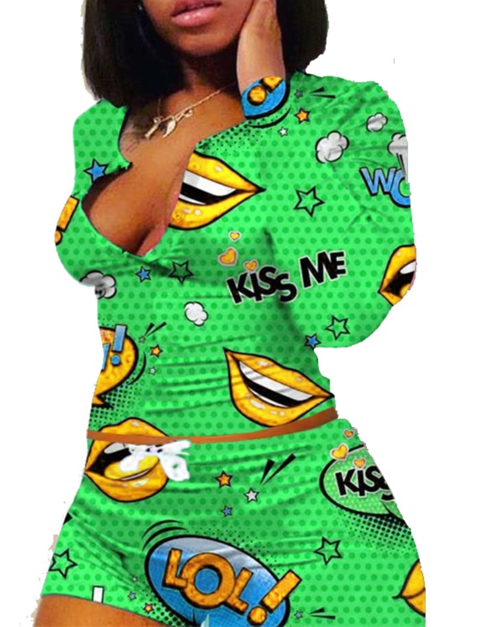 Sexy Lips Print Two Piece Biker Shorts Set