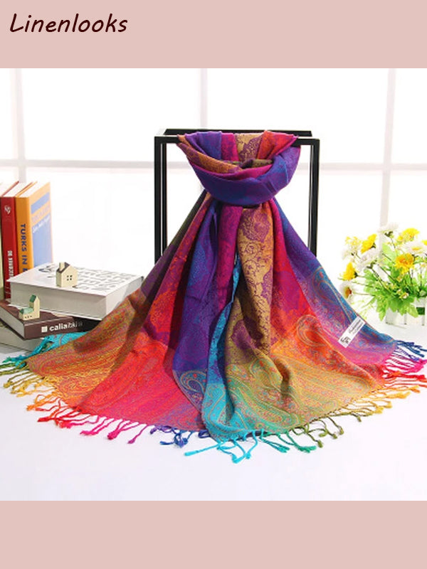 Rainbow Cotton Jacquard Scarves Shawls Silk Scarfs