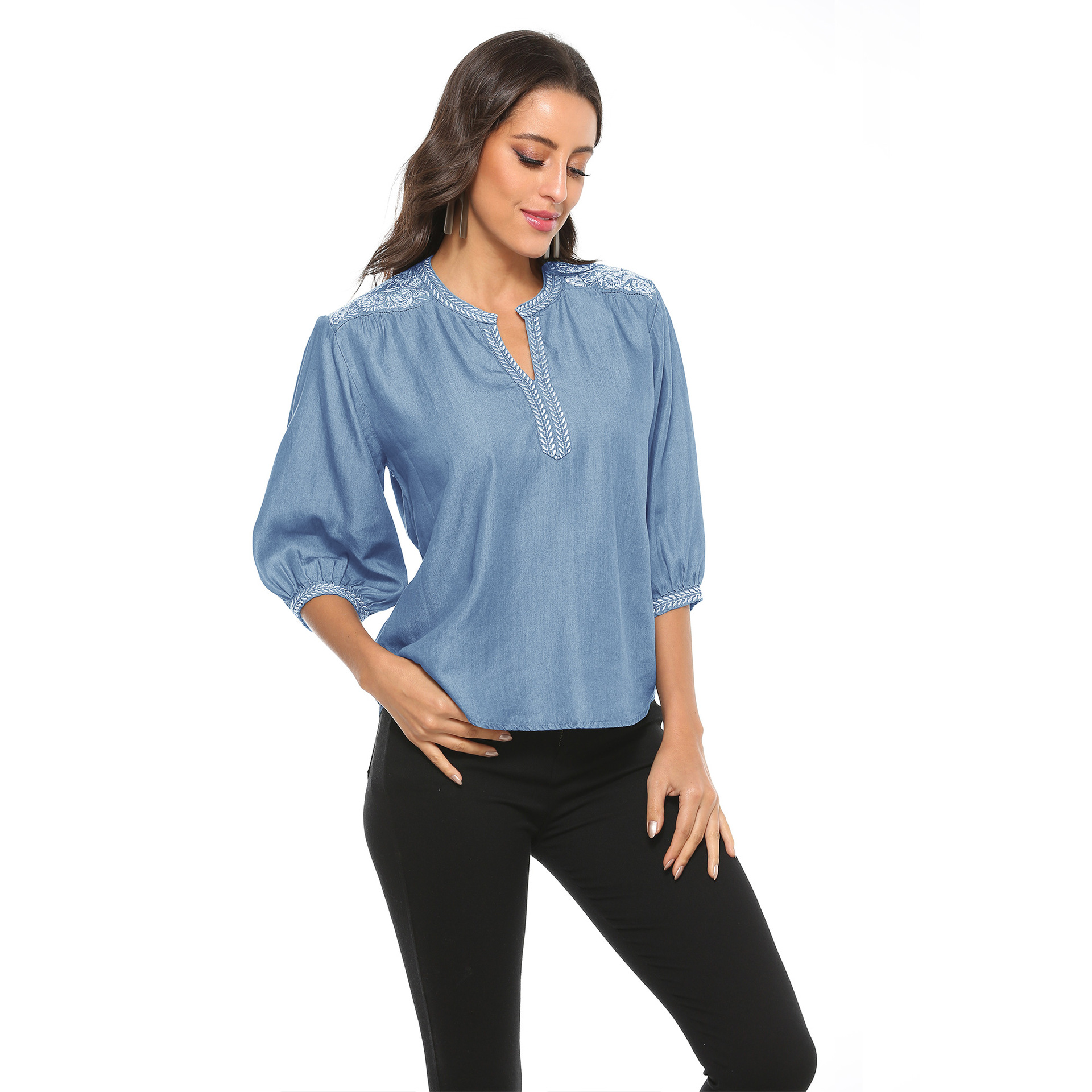 Women's Long Sleeve Denim Embroidery Blouse Boho Style