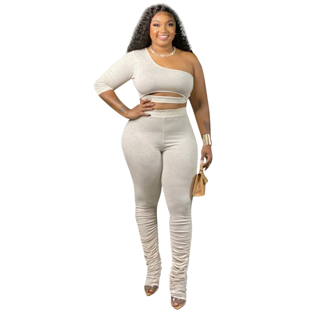 Plus Size Two Piece One Shoulder Stacked Pants Set