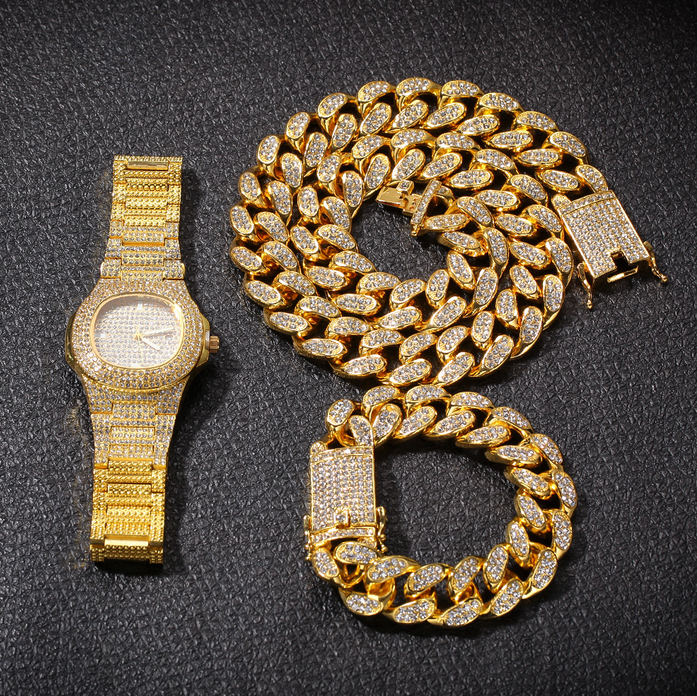 shop gold silver cuban links chains mens iced out watch necklace for boys hip hop CZ bling jewelry sets
