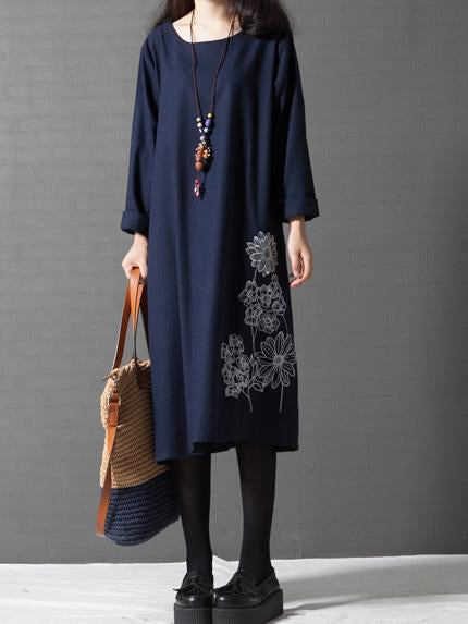 Long Sleeve Women Solid Crew Neck Loose Printed Cotton Dress