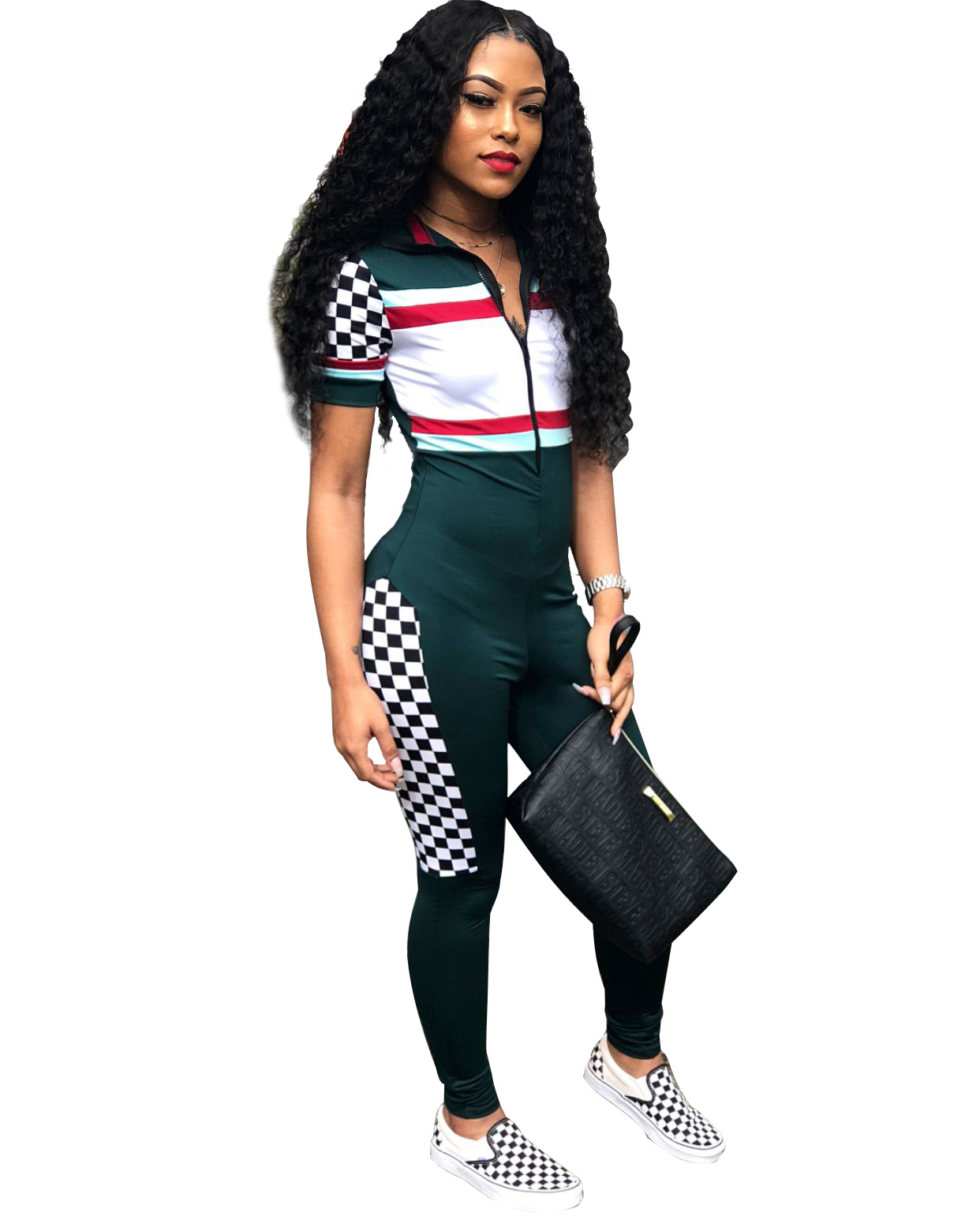 Sports Print Zipped Up Bodycon Jumpsuit