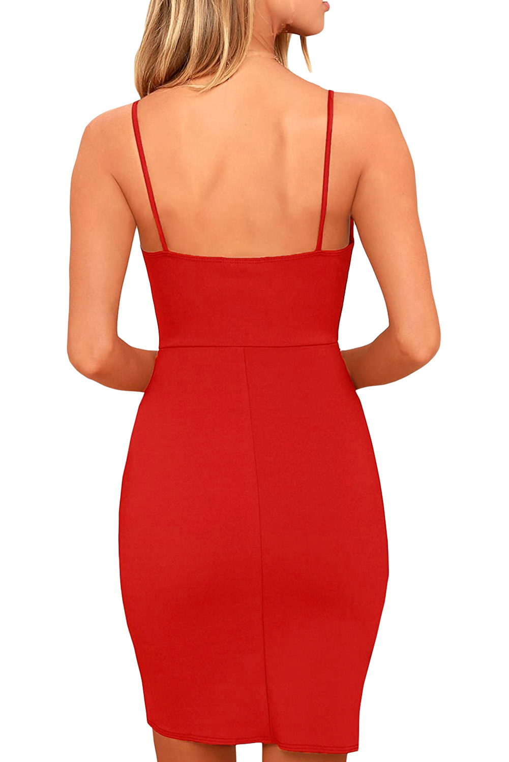 Red Spaghetti Straps Deep V Neck Sleeveless Bodycon Mini Dress