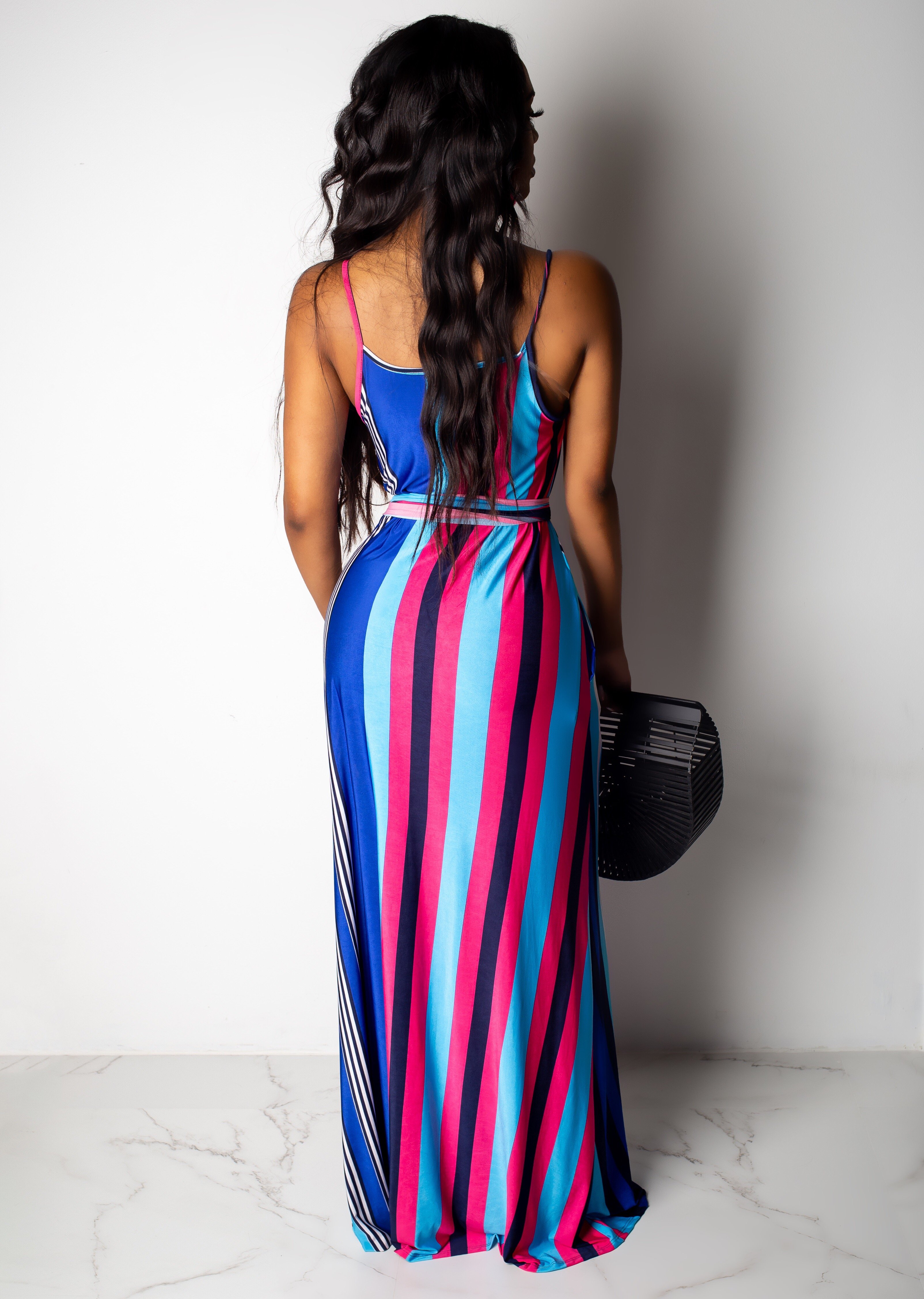 Colorful Stripes Strap Long Dress with Belt